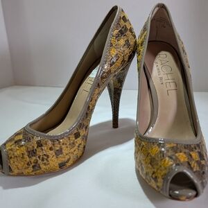 Rachel Roy Snake Patterned Peep Toe Stiletto Heels Yellow Brown Gray Size 7M